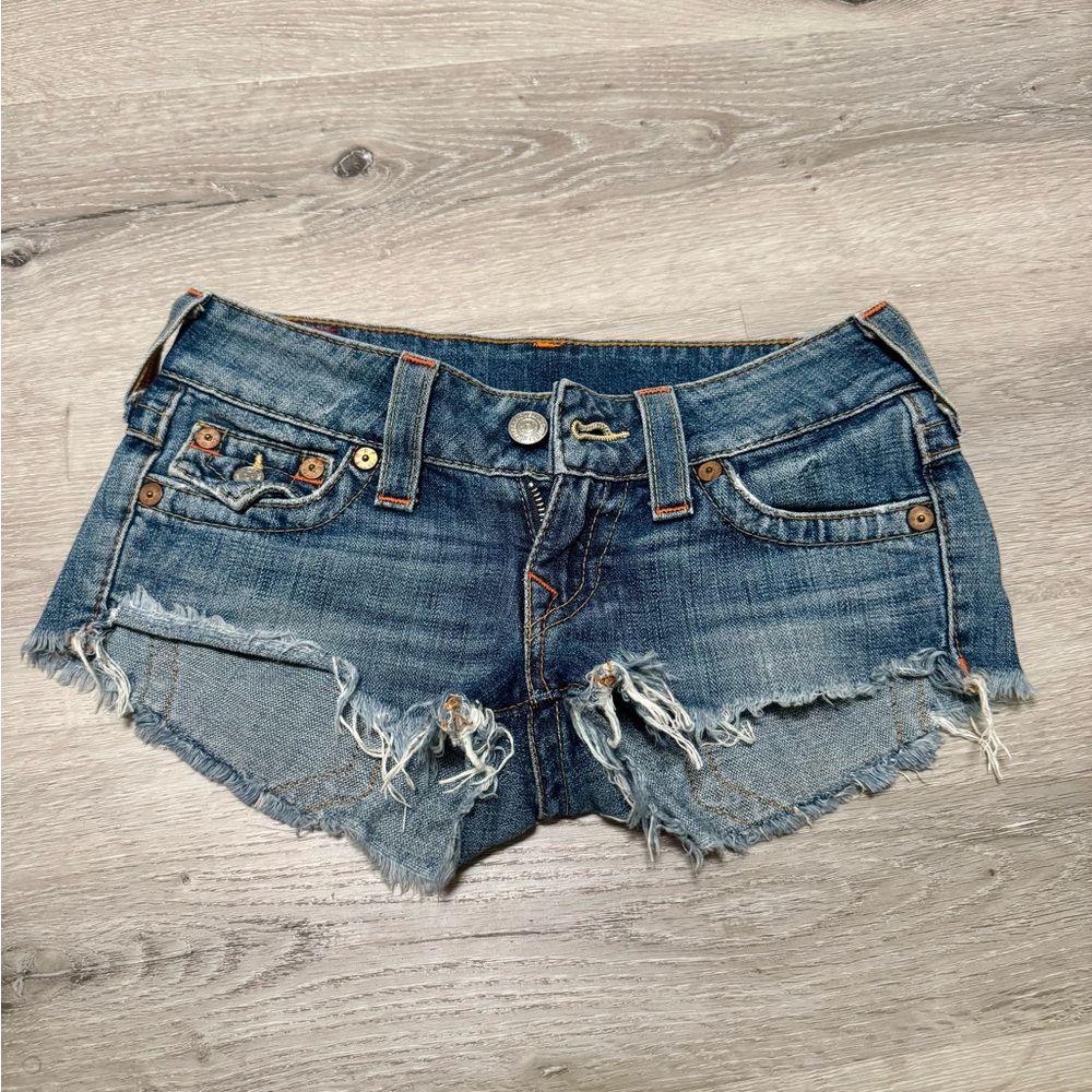 True Religion Joey Frayed Blue Jean Shorts size 24